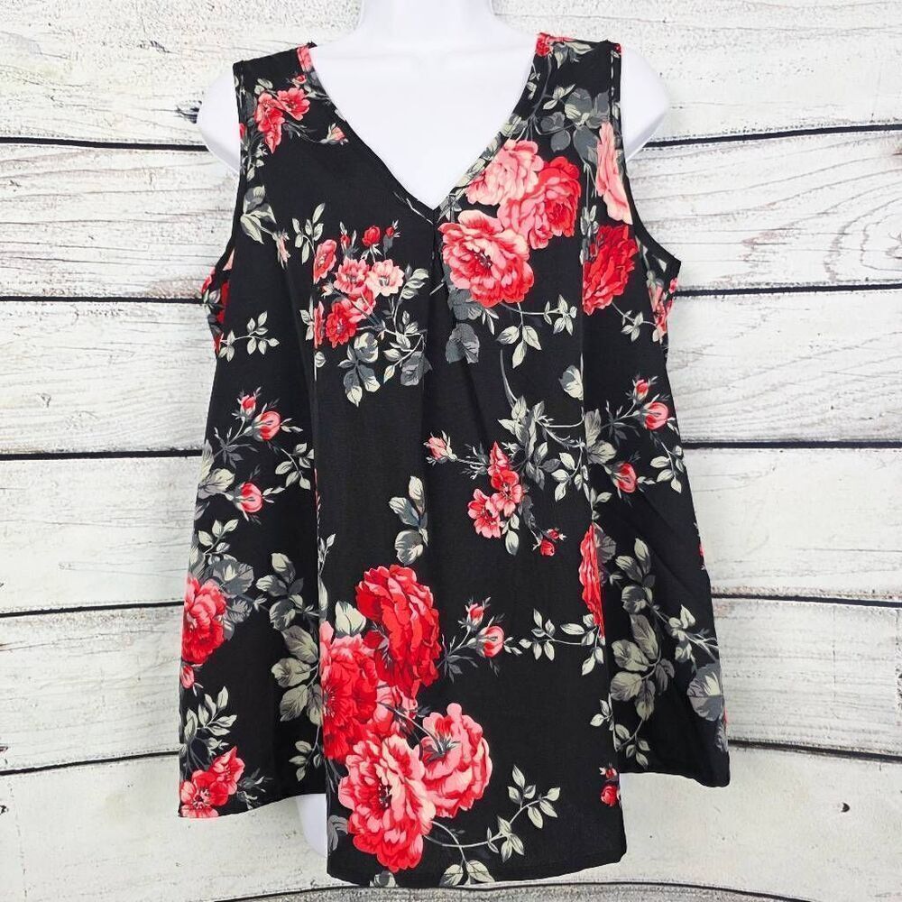 Black Floral Red Rose Sleeveless Blouse Large